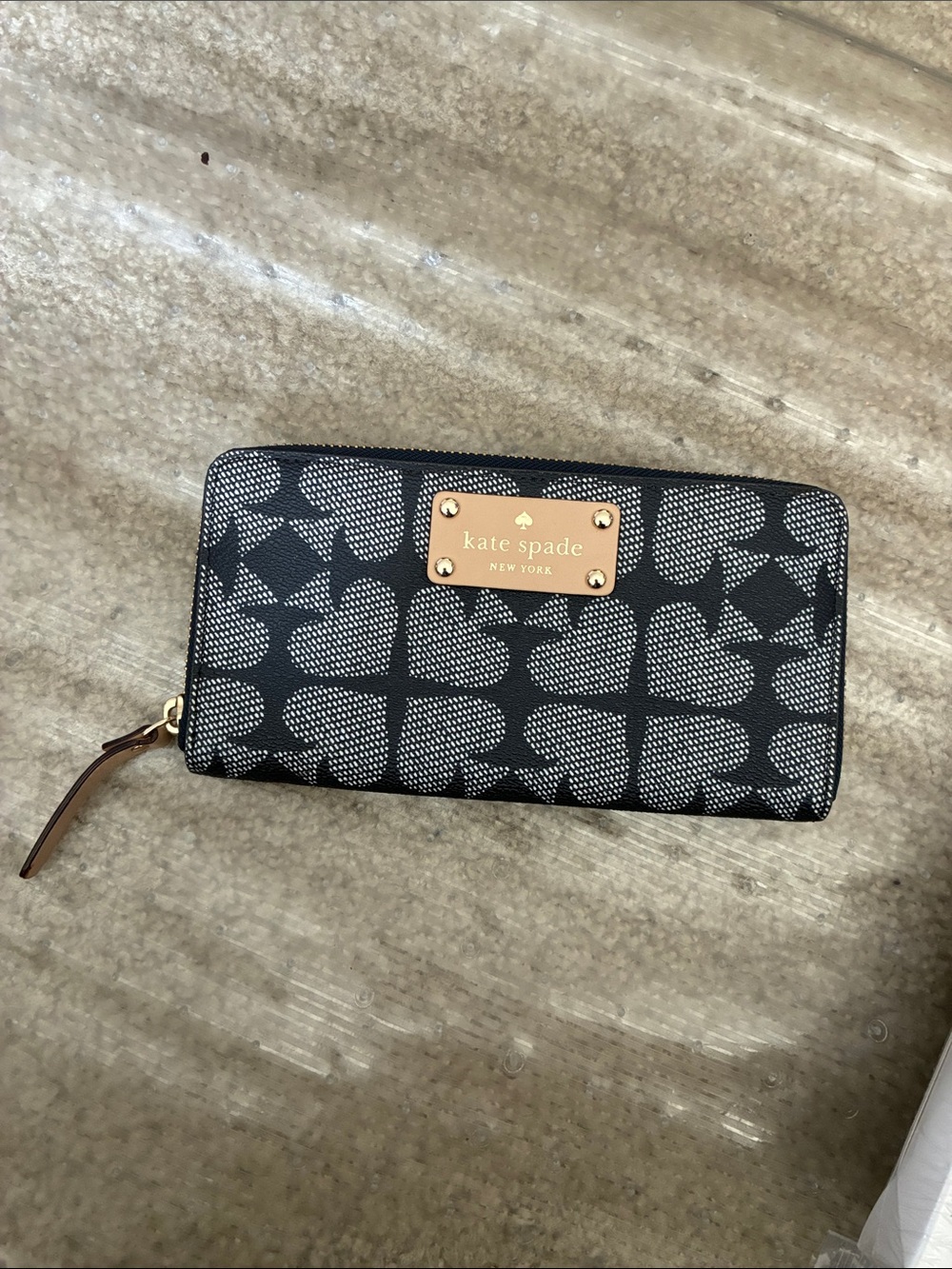 kate spade Black Heart-Print Zip Around Wallet with Gold Plaque